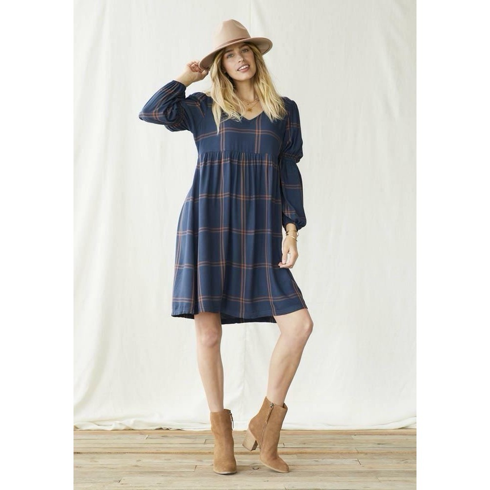 Matilda Jane‎ Womens Blue Brown Just Imagine Silvi Windowpane Fall Dress Sm NWT